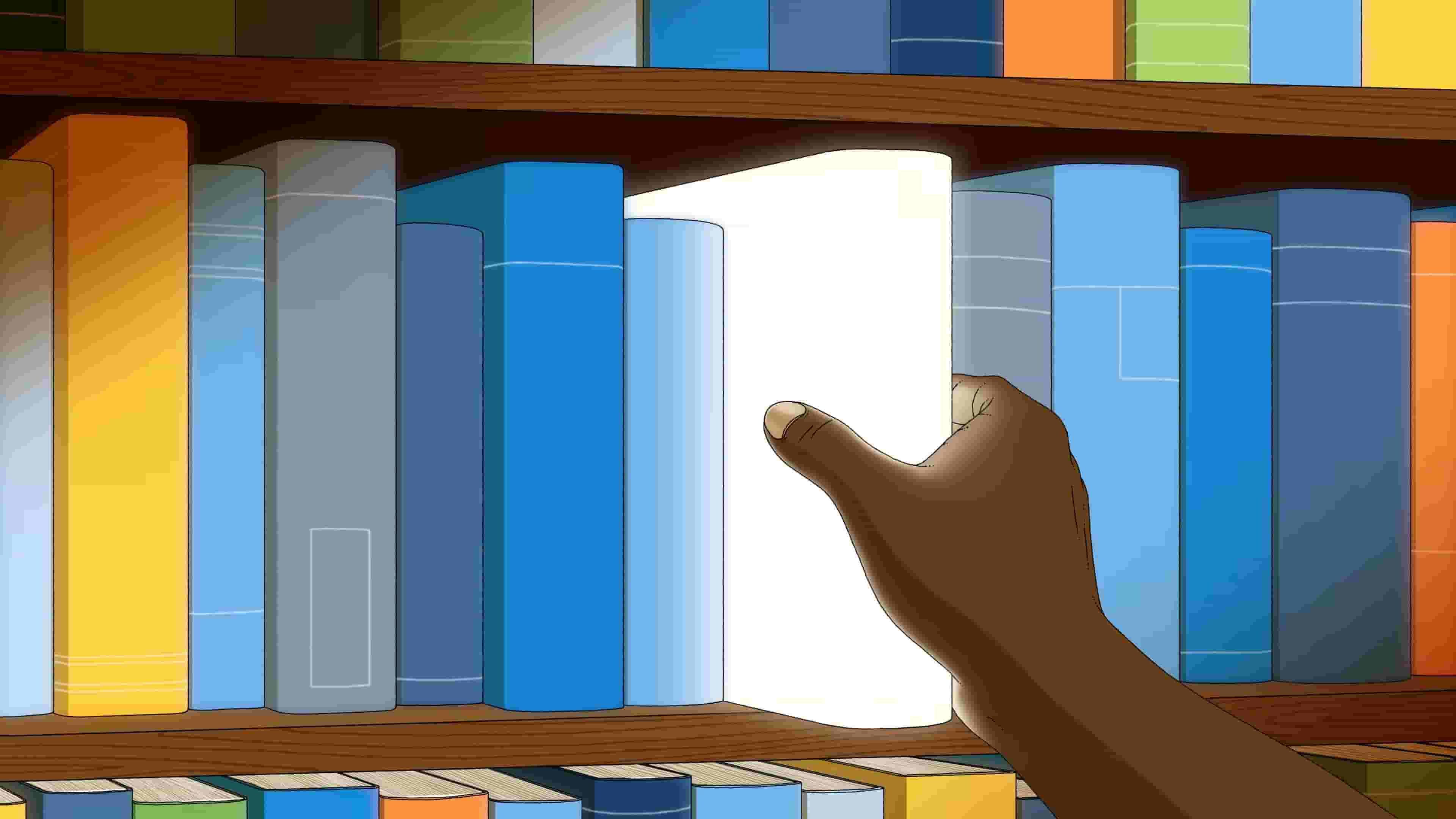 Hand grabbing book from bookshelf