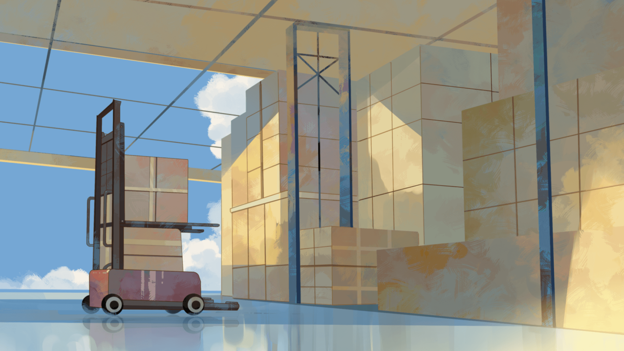 A large warehouse with forklift