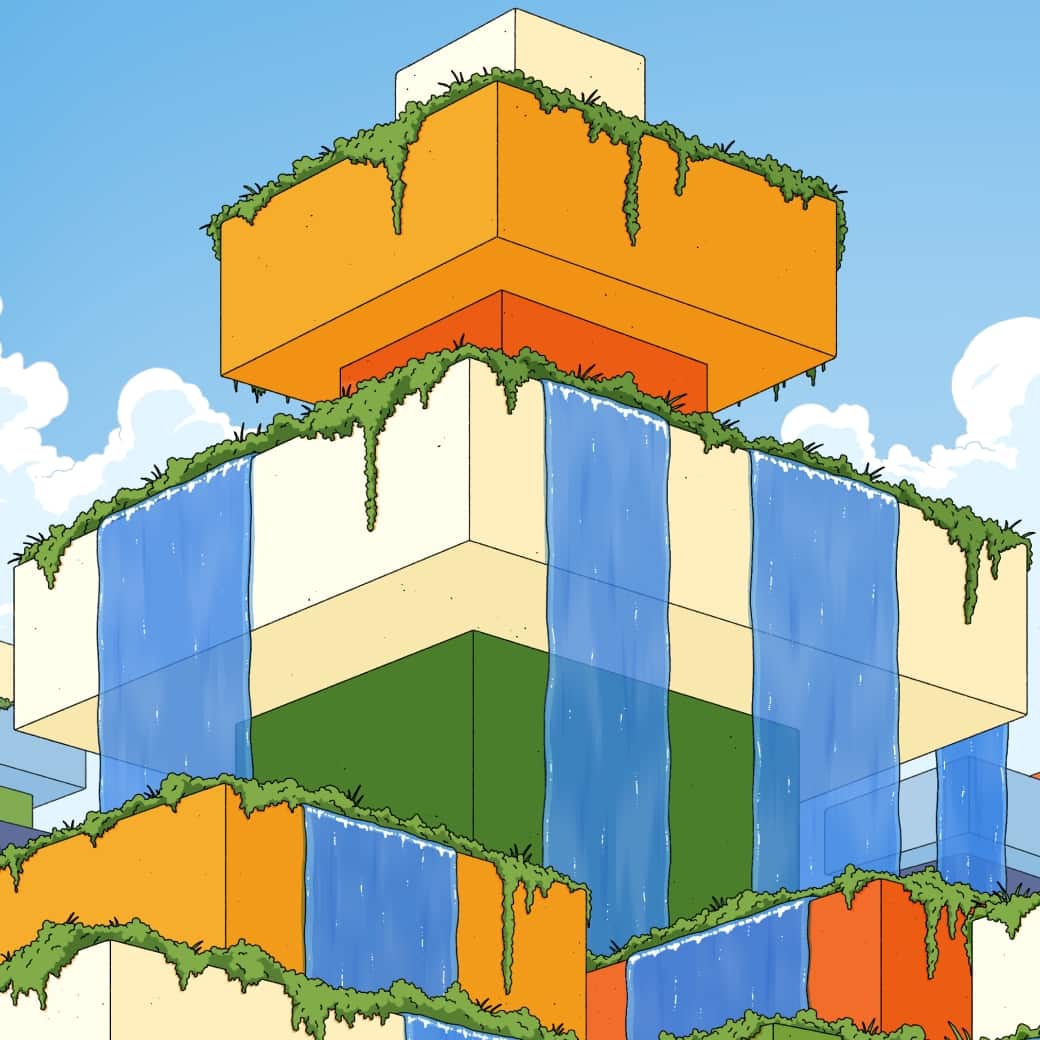 An illustration of a lush app layer dreamscape with structures covered in plants and cascading with water falls