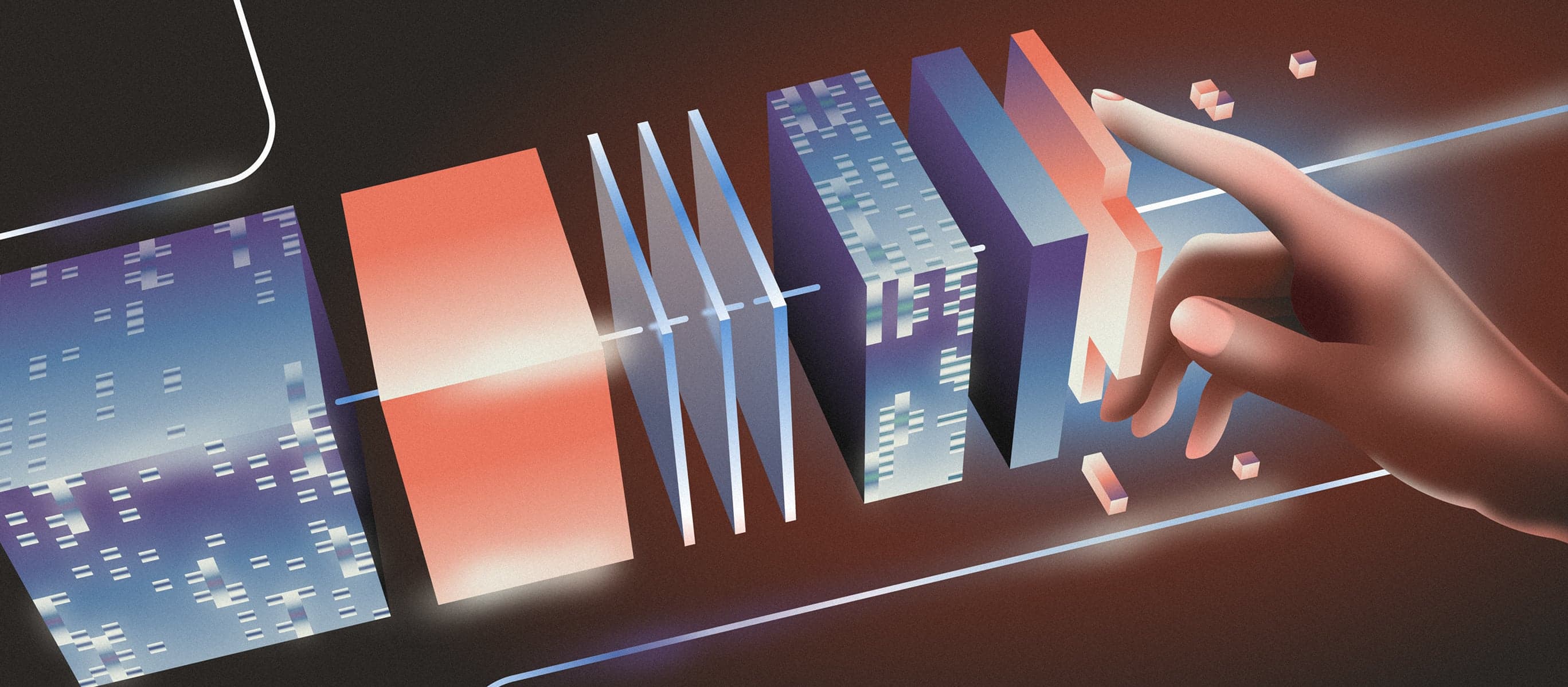 An illustration of a hand touching abstract building blocks on a glowy gradient background.