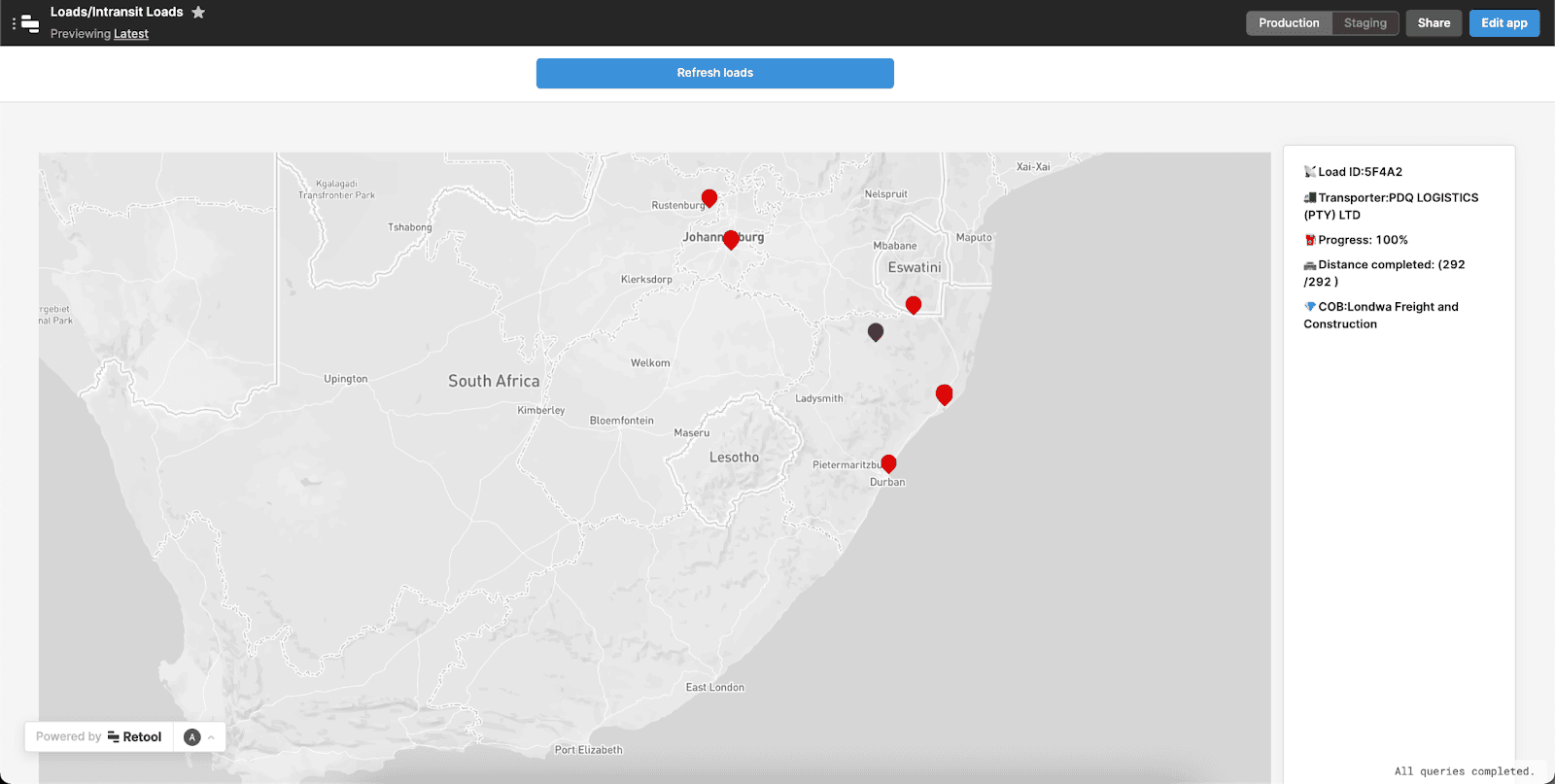 Tripplo Retool app showing map of shipments