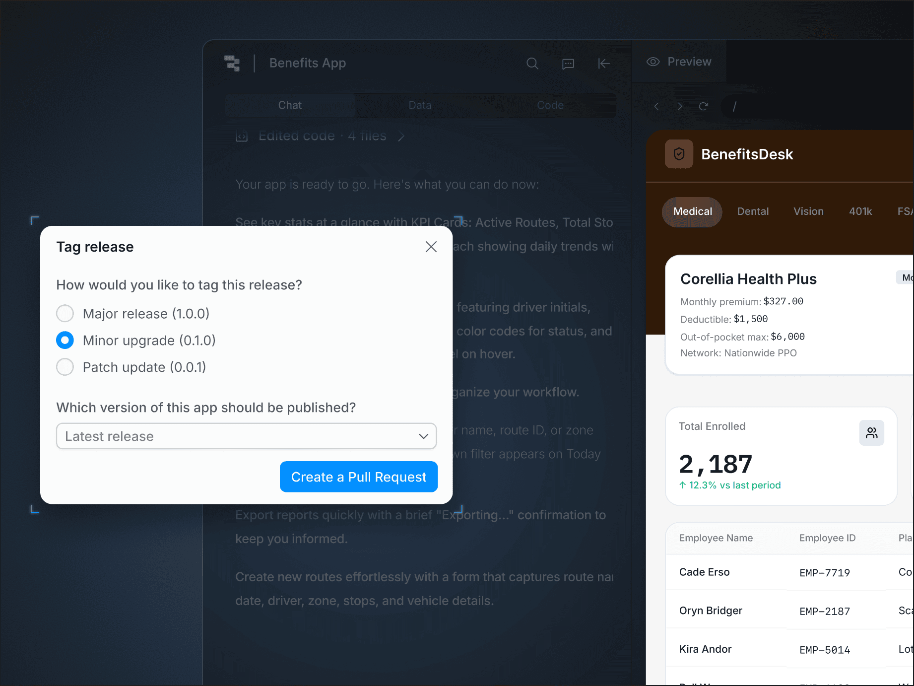 Retool app showing a Support Admin Panel with a publish release history