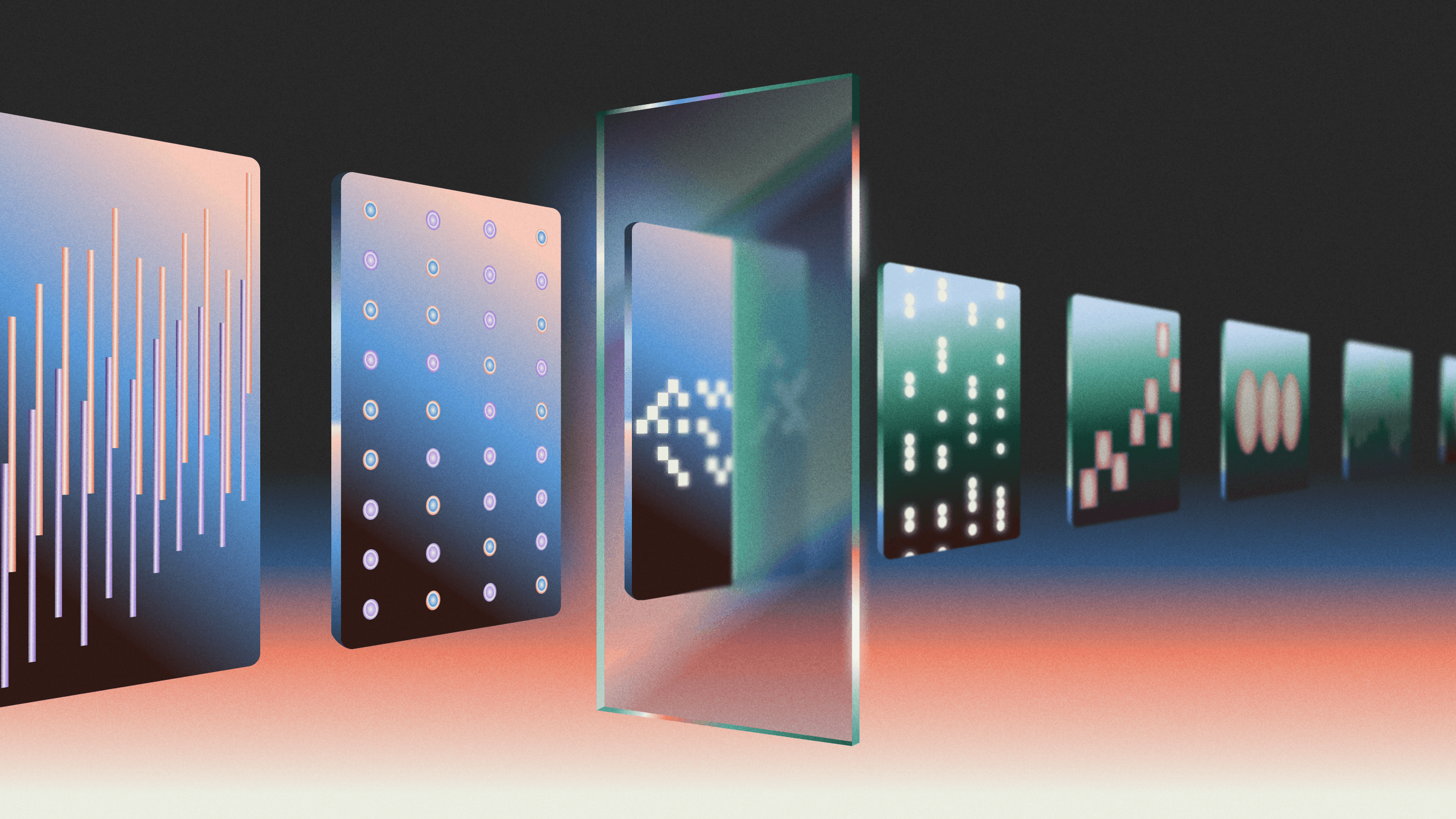 Abstract data visualizations on a series of translucent and opaque panels.