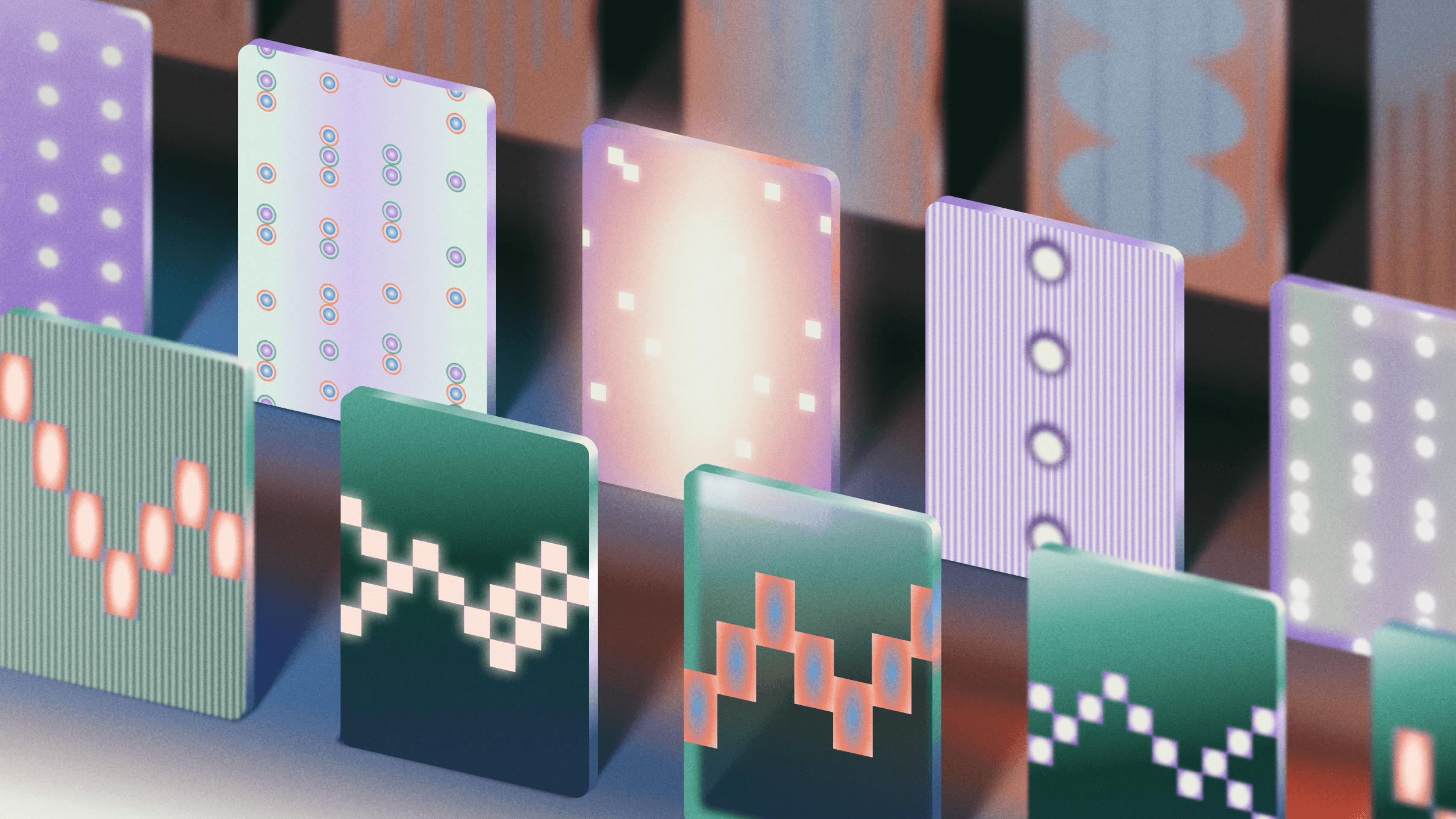 Rows of colorful rectangular cards displaying various glowing abstract patterns.