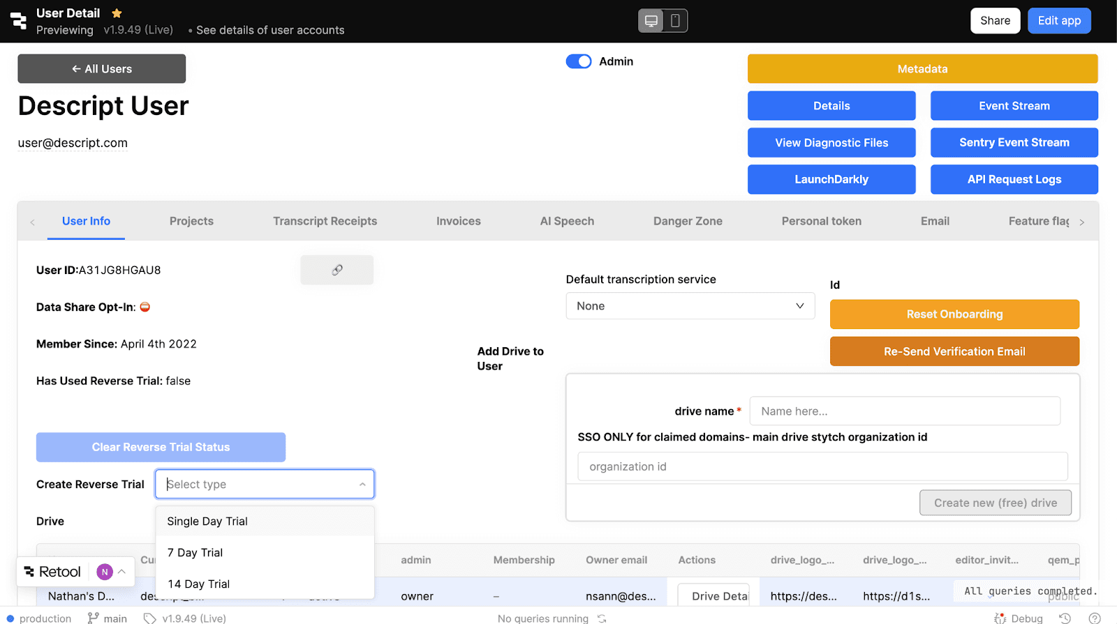 Descript's customer CRM built in Retool