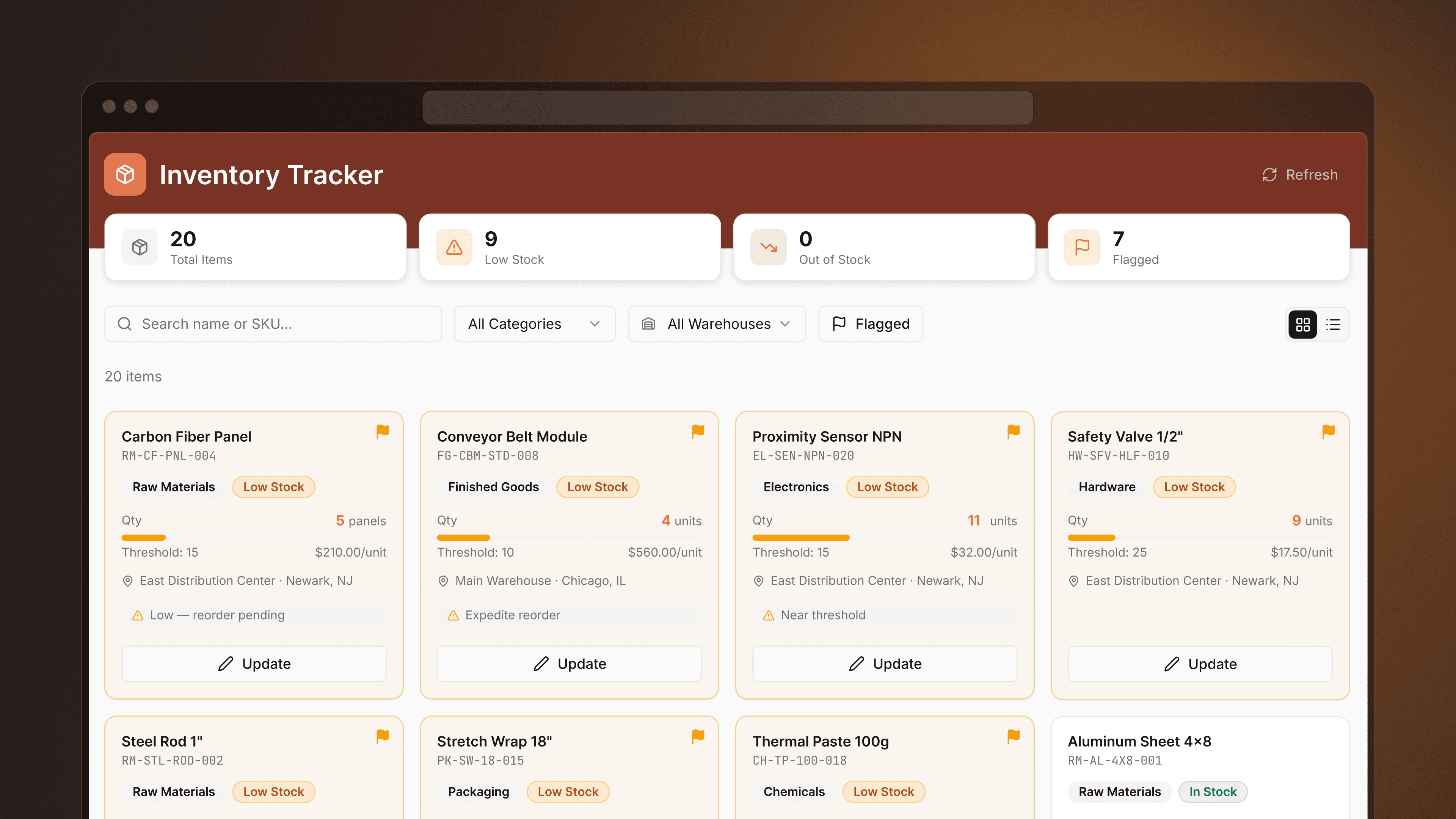A Retool app showing an inventory tracker