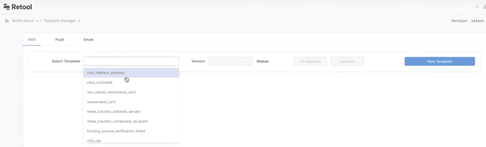 Selecting a template from a dropdown in a Retool app.