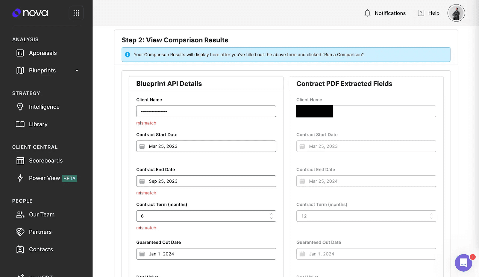 Power Digital’s Contract AI app within the nova platform built with Retool showing how to edit mismatches