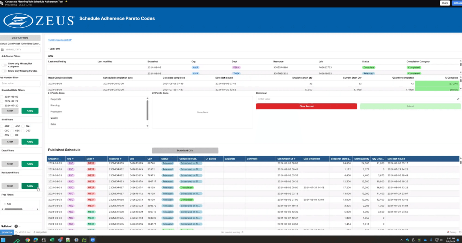 Zeus' real-time production scheduling system app built in Retool