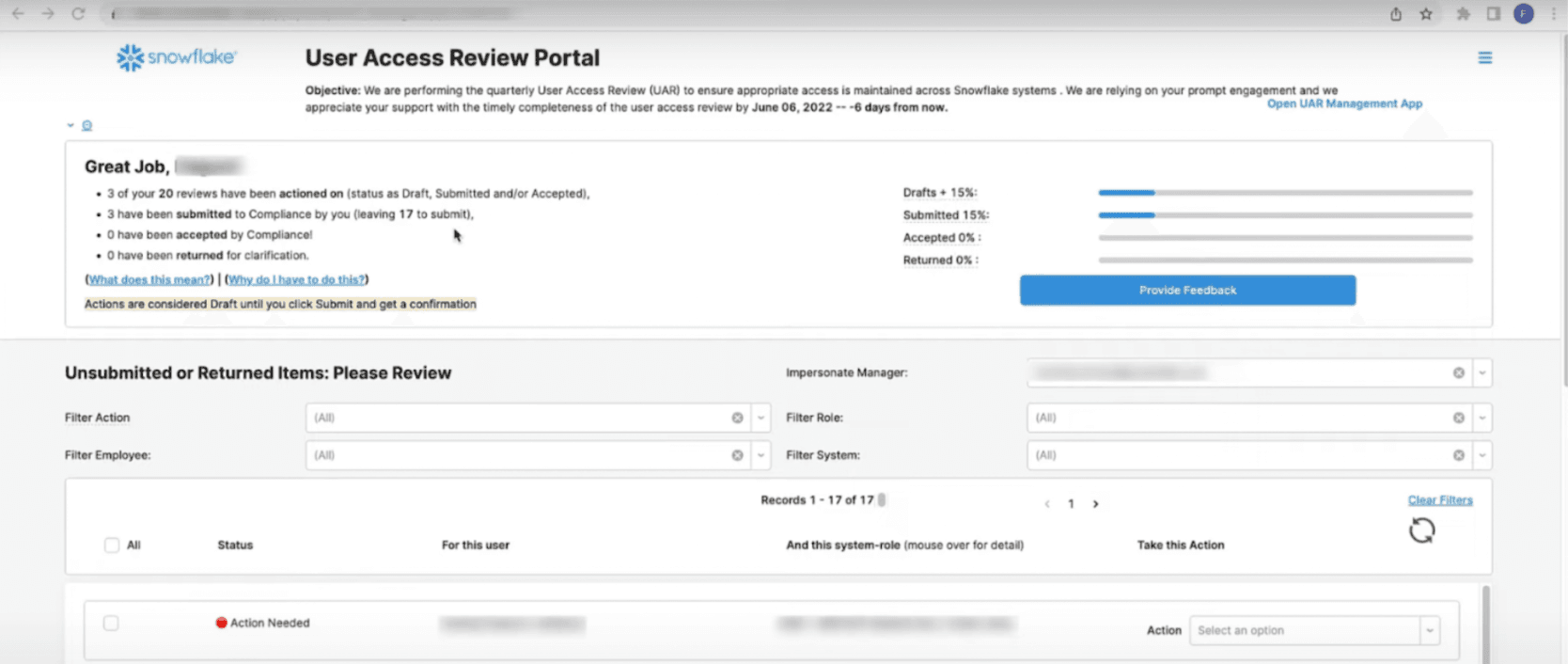 Screenshot of Snowflake Retool dashboard showing the reviews in one place