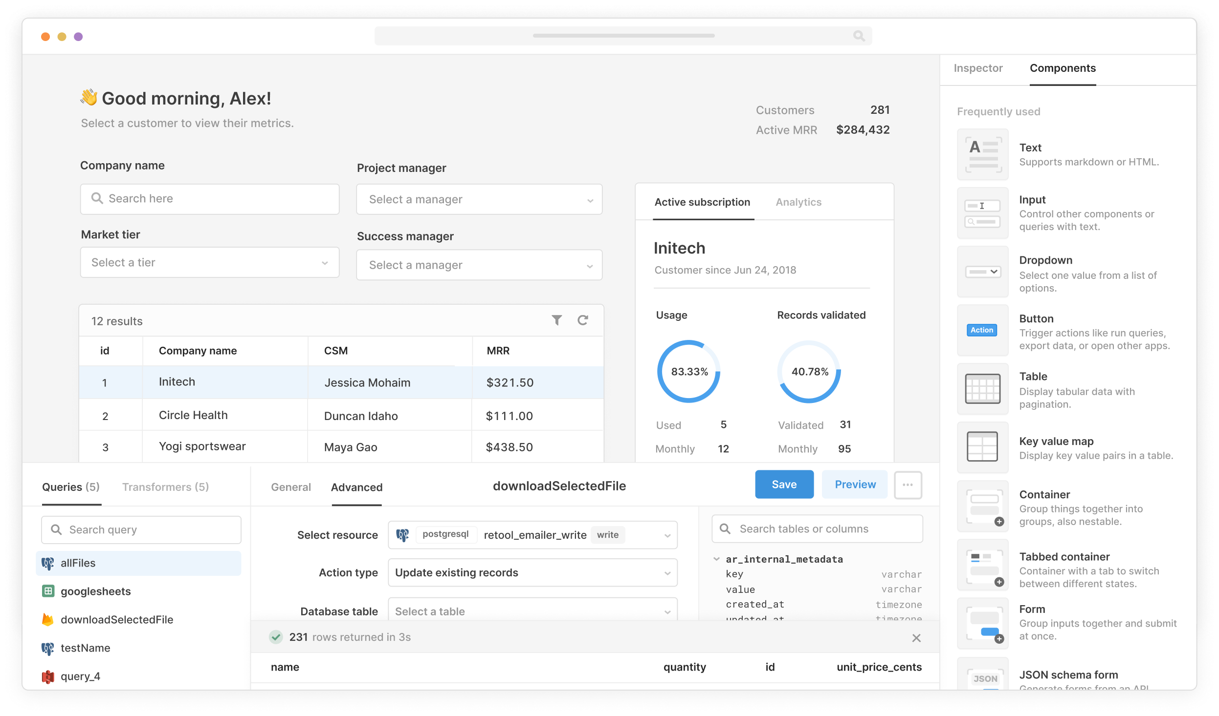 Screen shot of an app using the PostgreSQL integration.