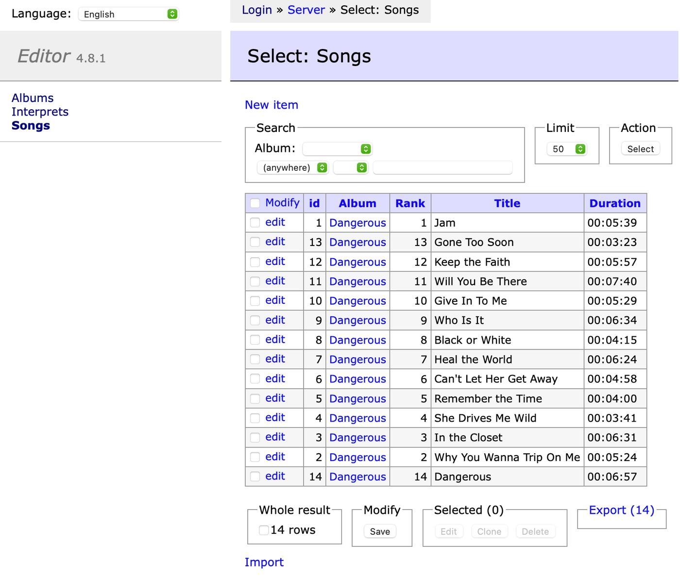 Adminer interface, via online demo editor