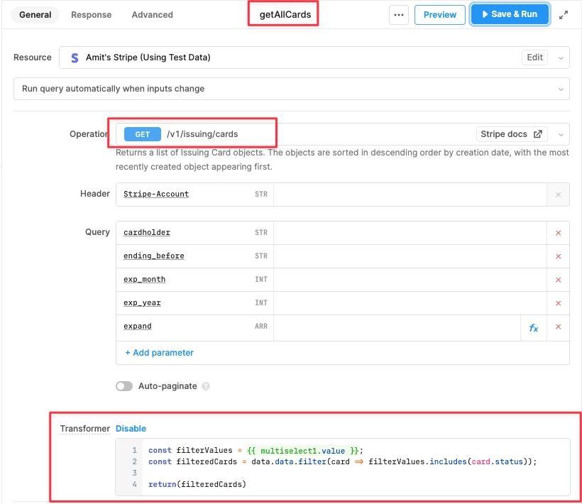 Passing the values selected in the Multiselect Component to the getAllCards Resource Query