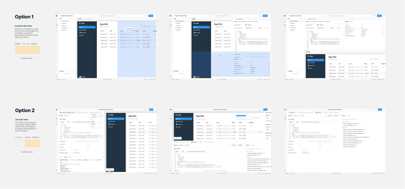 Two interaction patterns we explored, a tab-based view vs. a split view.