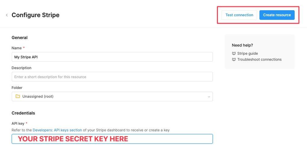 Paste Stripe's secret API key to configure the Retool resource 