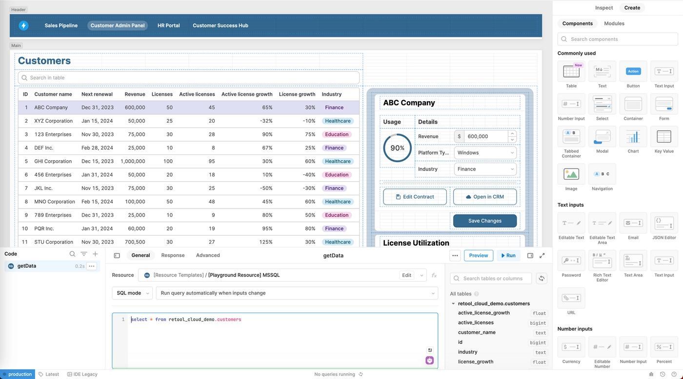 MSSQL and REST admin panels in Editor mode.