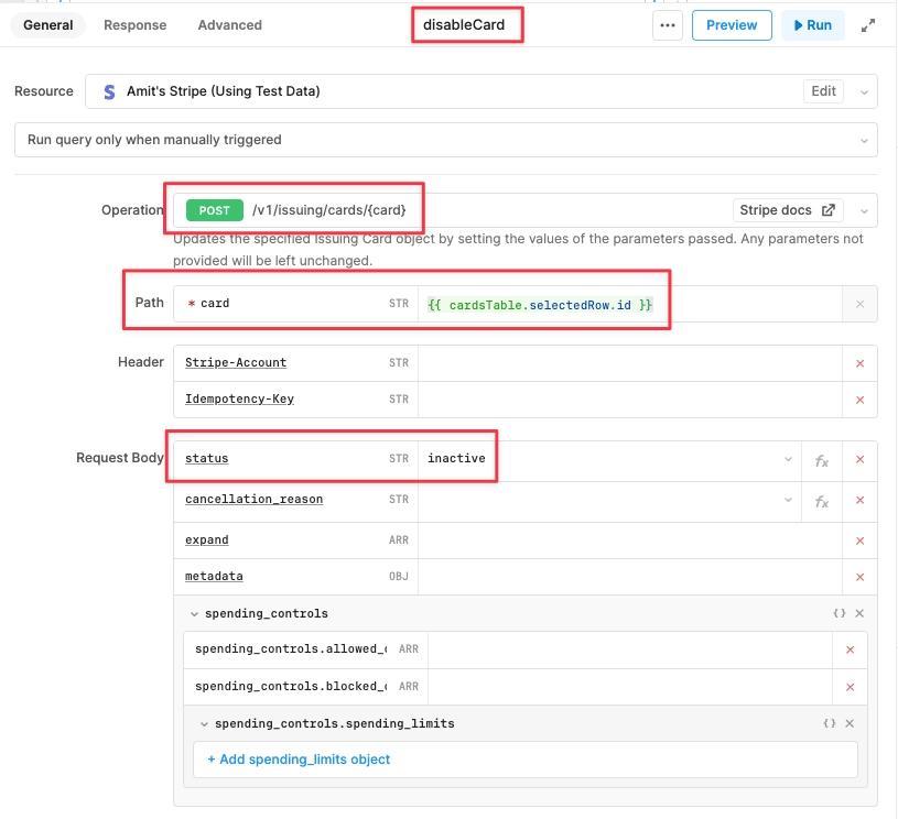 Create a new Resource Query to update card status to "inactive"