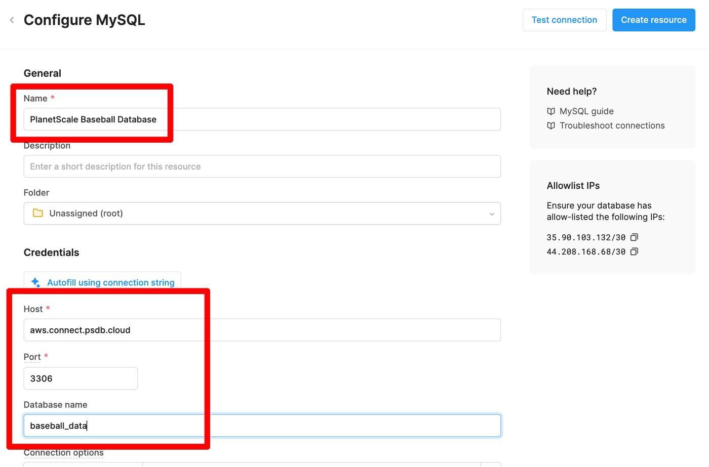 Configure a resource name, host, and database name first.