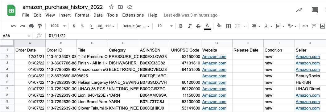 We now have a Google Sheet with our Amazon purchase history