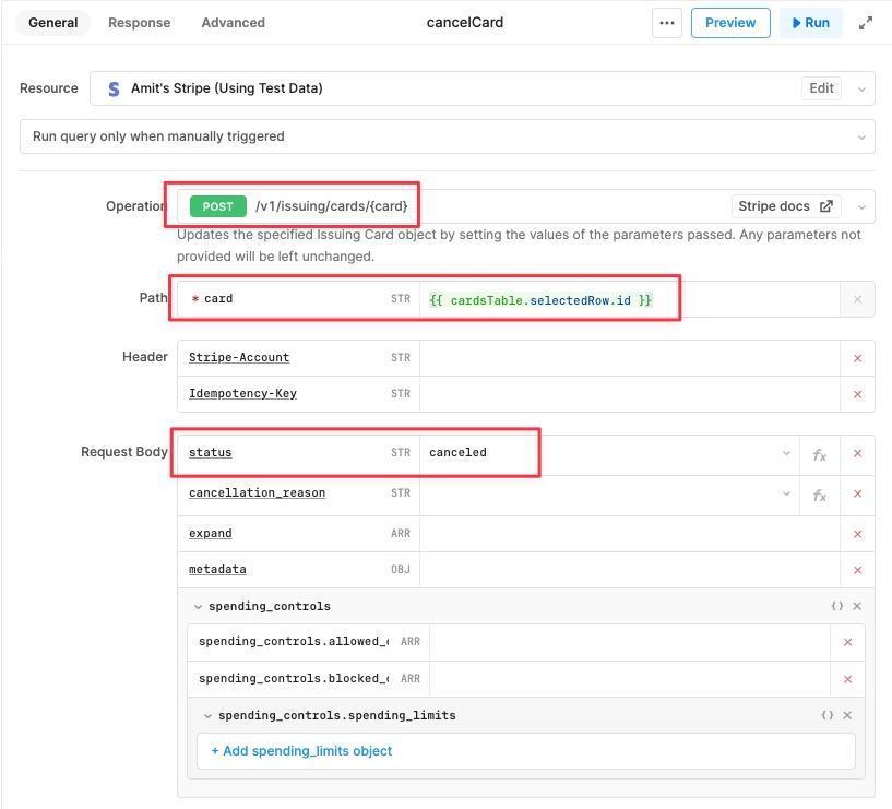 Create a new Resource Query to update card status to "canceled"