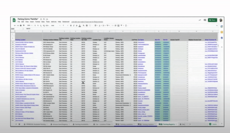 The parking spreadsheet (blurred for privacy)