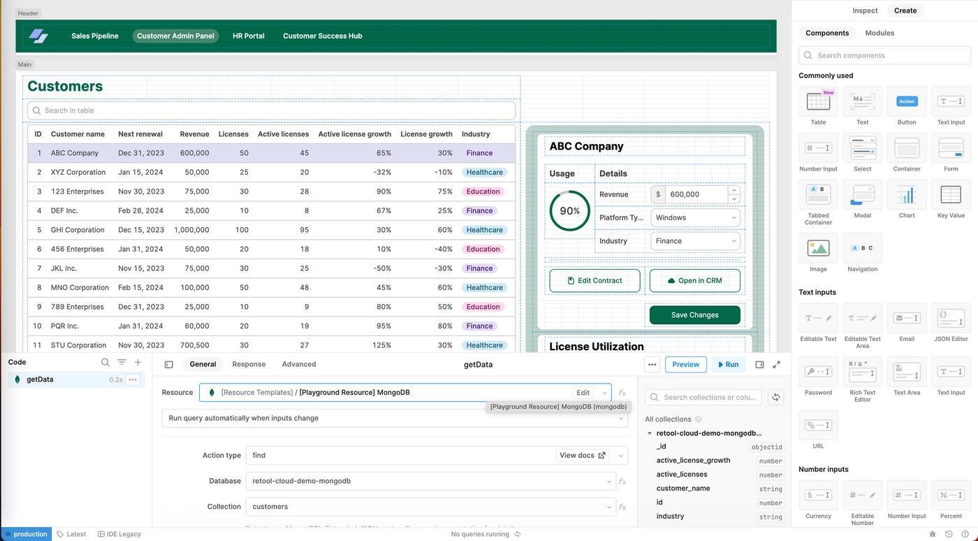 A Retool-built MongoDB admin panel, shown in Editor mode. 