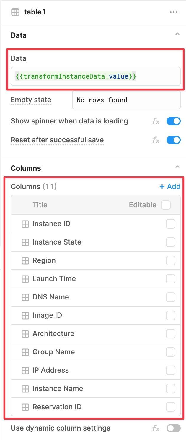 Changing the data property of the table to refer to the results of the JavaScript Transformer