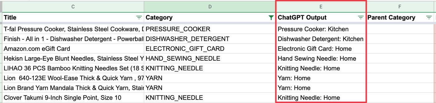 Pasting the raw ChatGPT output into the spreadsheet in the ChatGPT Output column