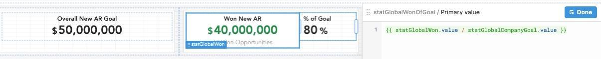 % to Goal is calculated by referencing the total won value and dividing it by the company goal value, which are both saved in statistic components