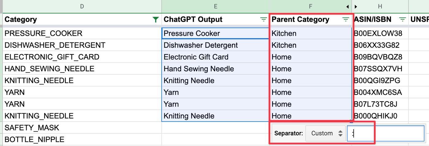 Using the "Split text to columns" feature to get the Parent Category