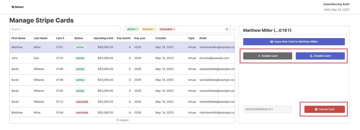 Stripe Issued Cards Dashboard built using Retool