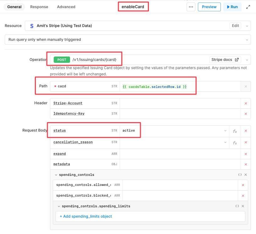 Create a new Resource Query to update card status to "active"