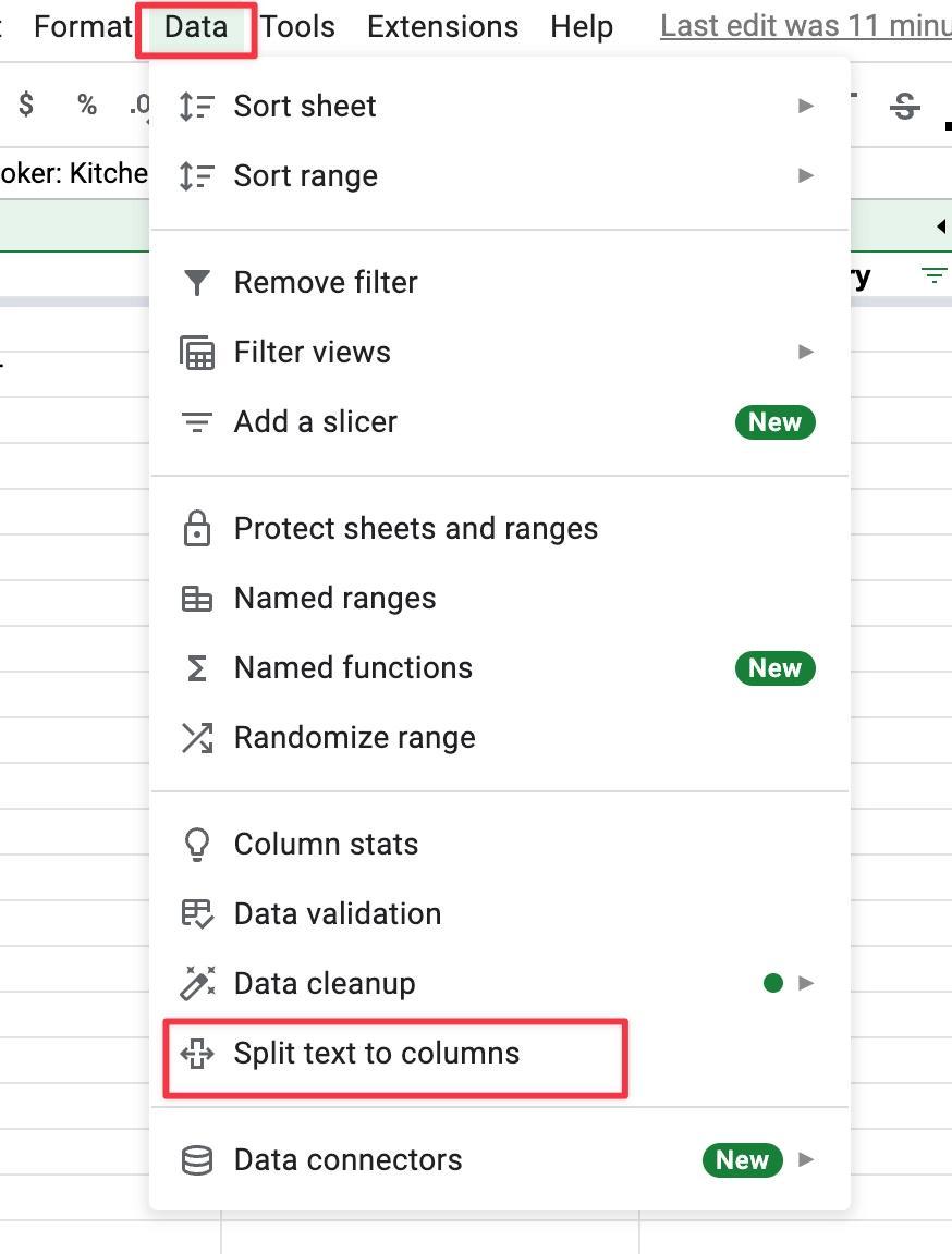 Using the "Split text to columns" feature to get the Parent Category