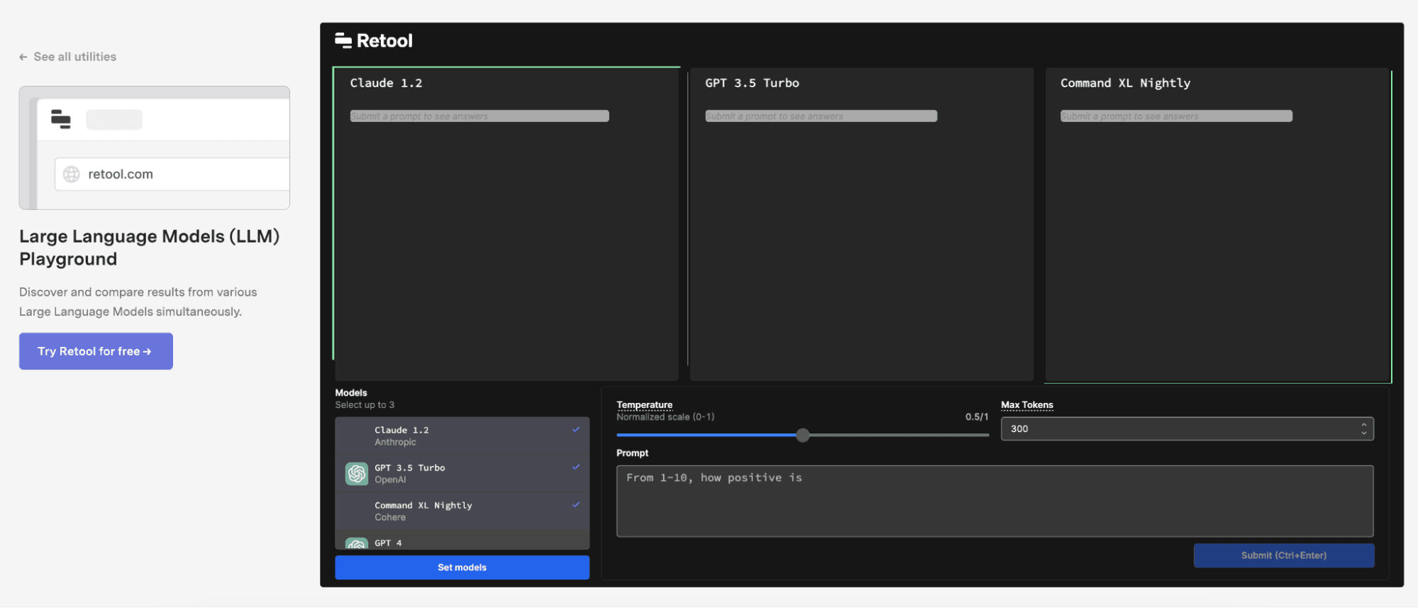 Retool's LLM Playground where you can select and test different models. Image courtesy of the author.