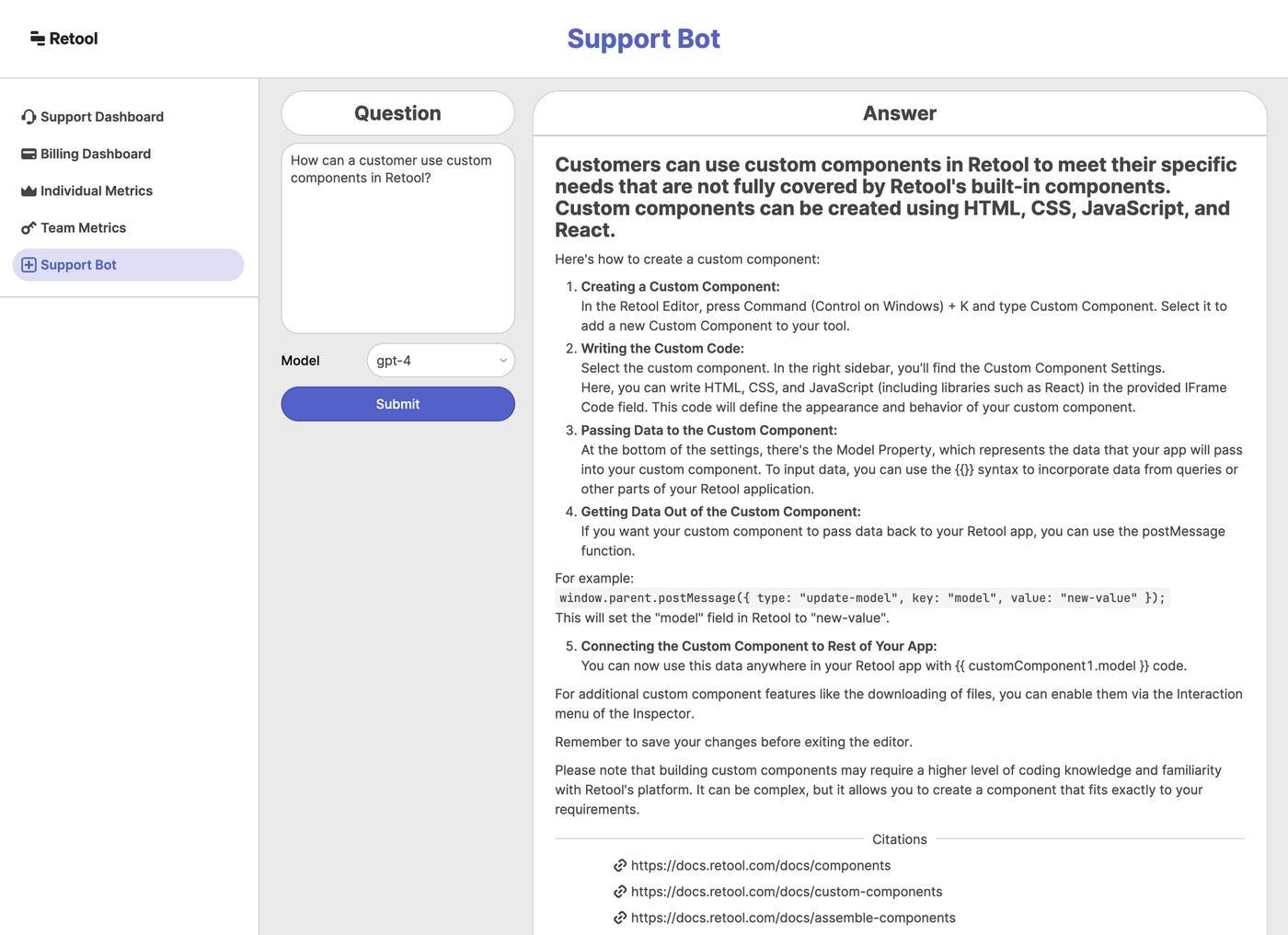 A sample prompt and response in our "Eternal Tools" question-answering bot