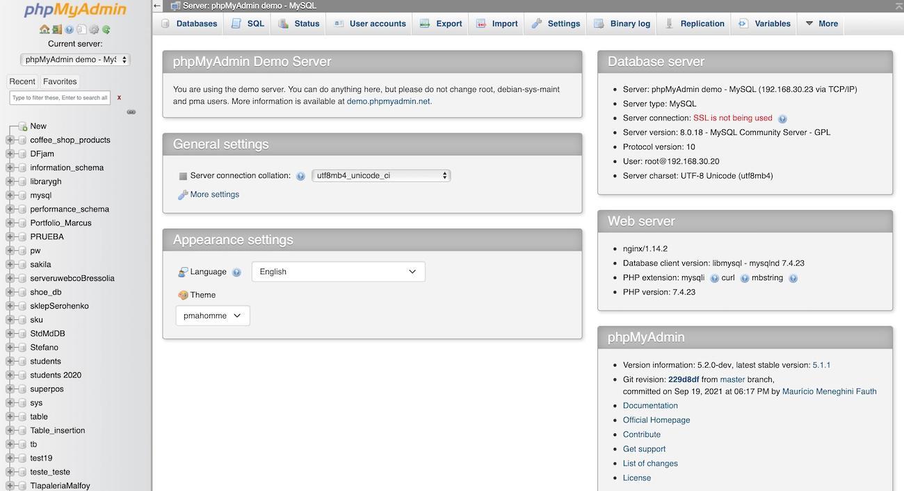 phpMyAdmin demo interface