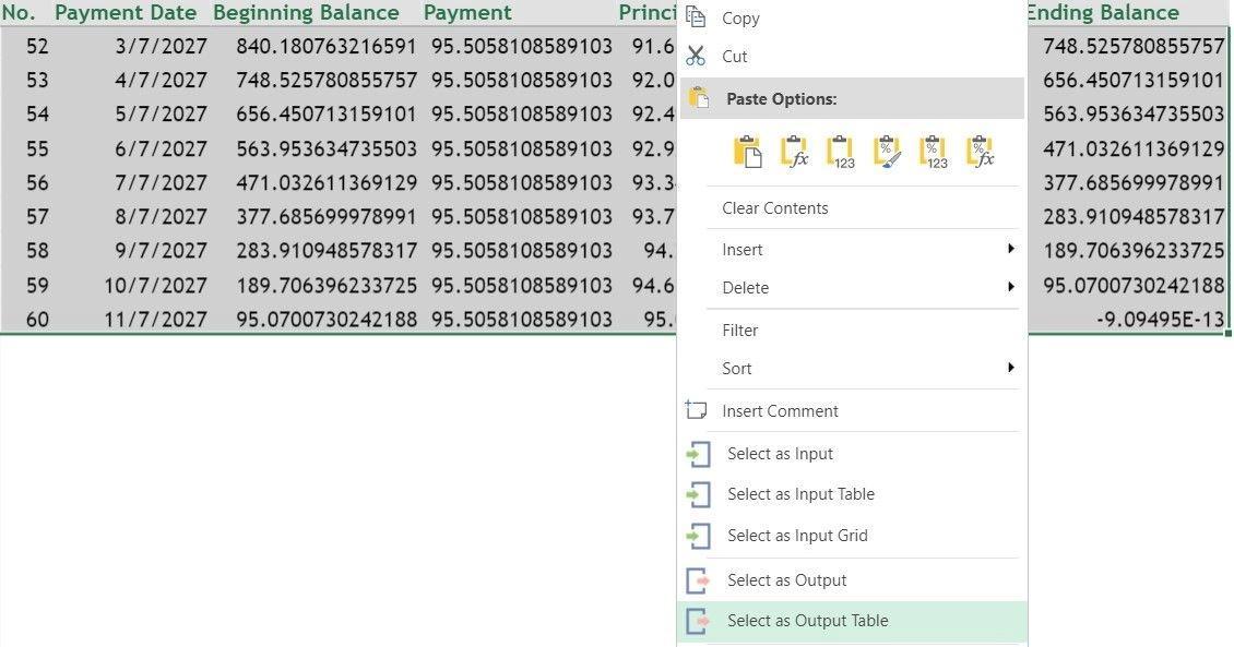 Inputs and Outputs can be easily selected from the spreadsheet individually or several at a time.