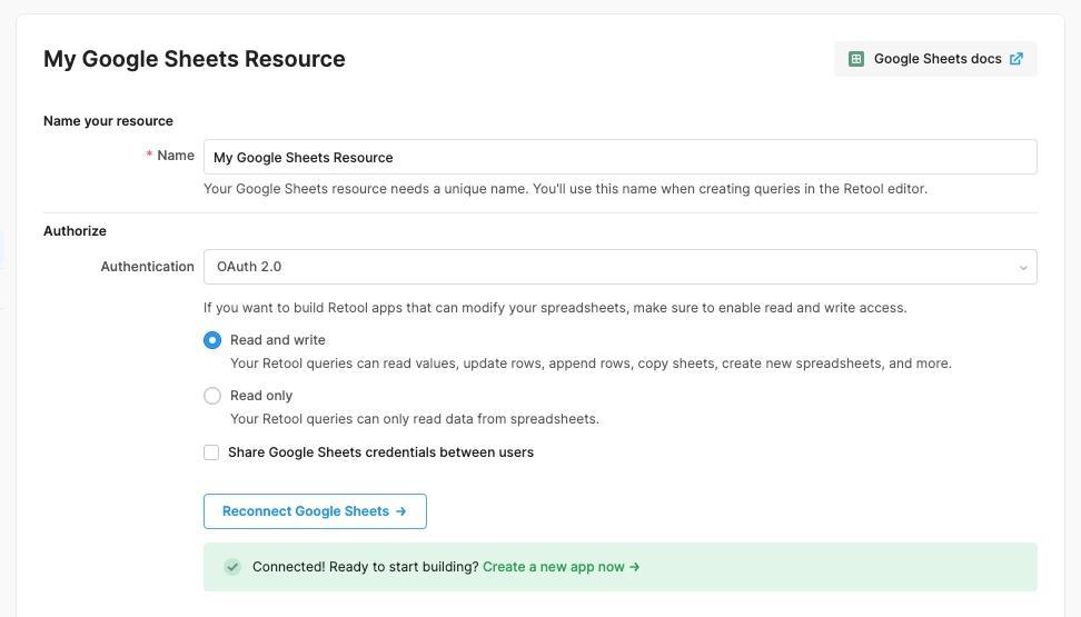 Creating a Retool resource for the Google Sheet that contains your Amazon purchases