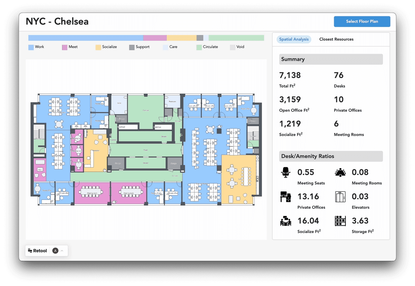 An example of a workplace analysis dashboard built using Retool and Archilogic