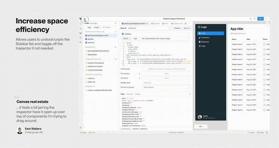 A few examples of how internal dogfooding helped us discover usability problems and make incremental improvements: unpin the Sidebar to save horizontal space, minimize the code view to quickly switch between workflows, and explore dependencies while editing code.