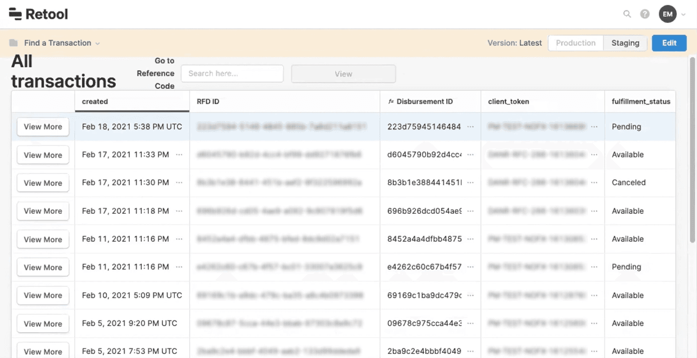 Transaction dashboard