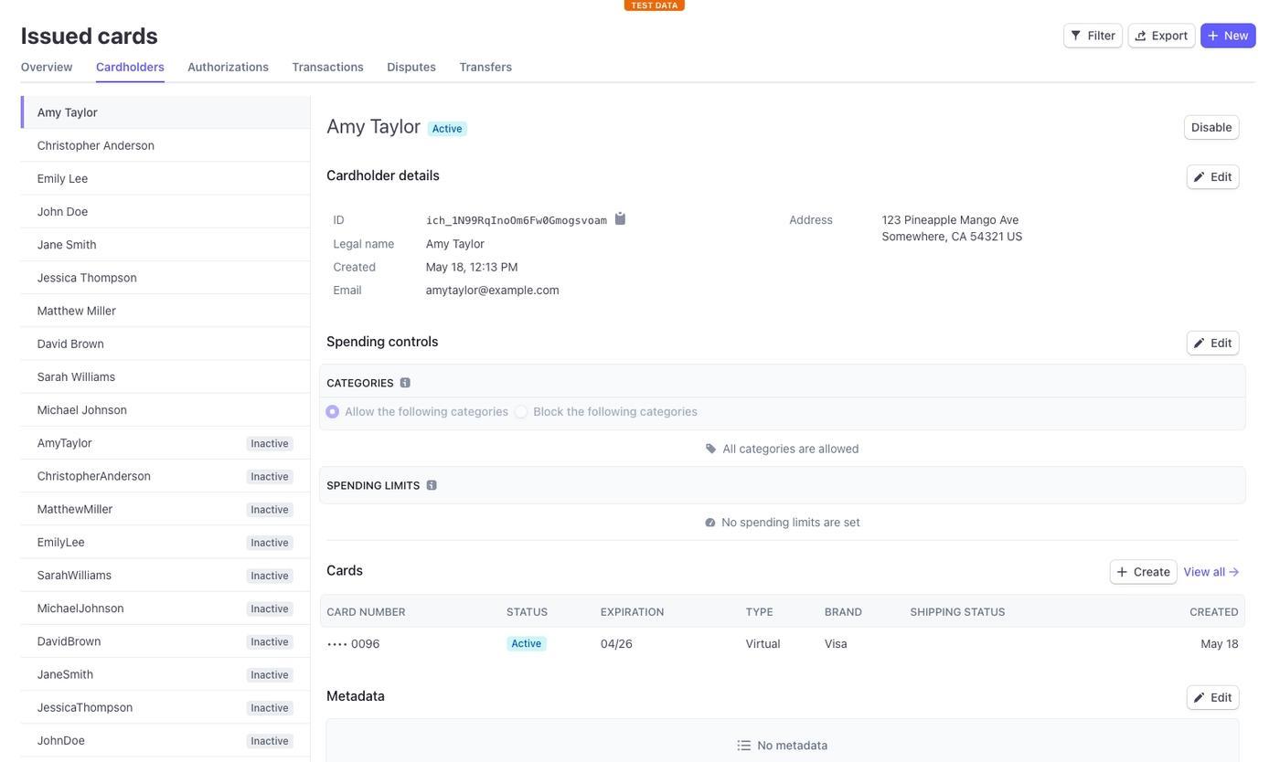 Stripe's "Issued cards" console