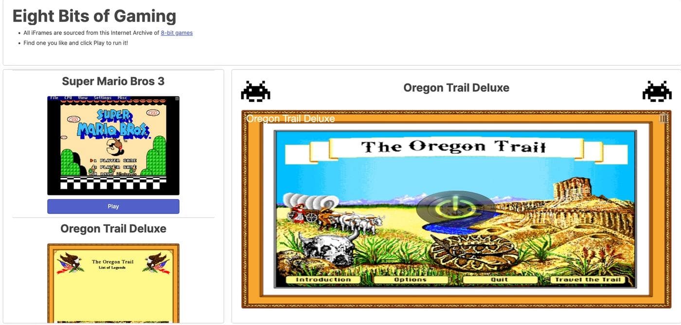 An arcade webpage built in Retool showcasing 8 popular video games.