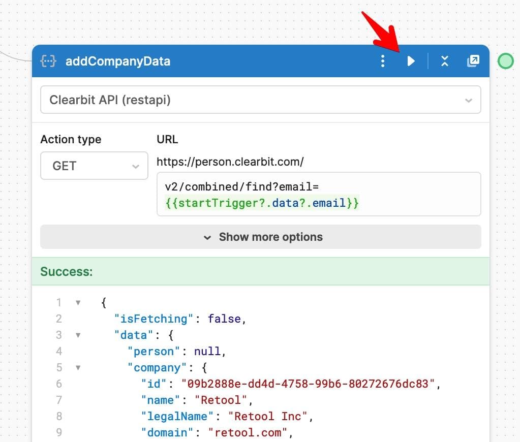 You can test your flow at each step by pressing the "Play" button.
