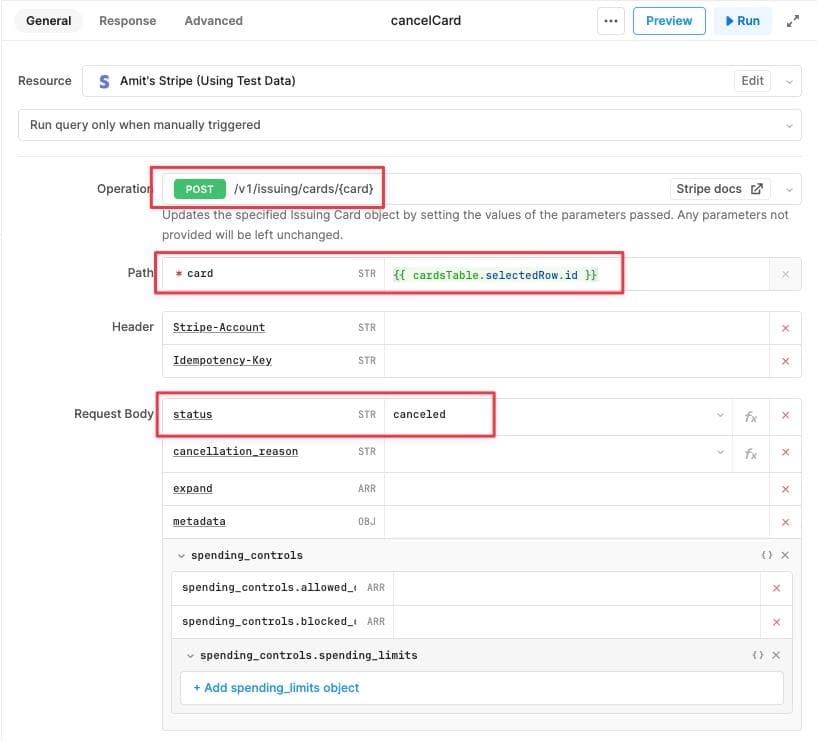 Create a new Resource Query to update card status to "canceled"