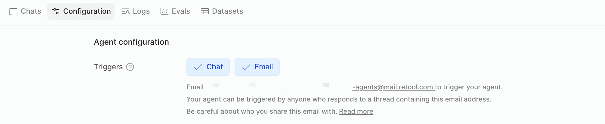 Agent configuration screen with "Chat" and "Email" triggers enabled and an agent email address visible.