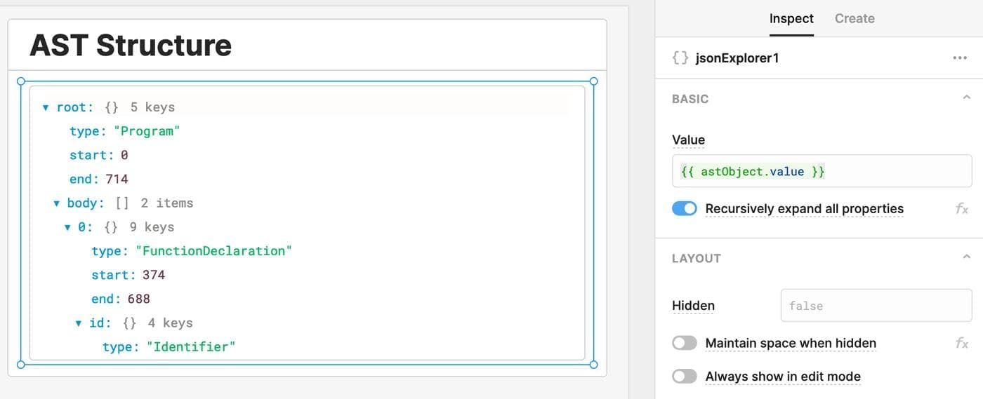 Binding the JSON Explorer component value to a state variable containing an AST object