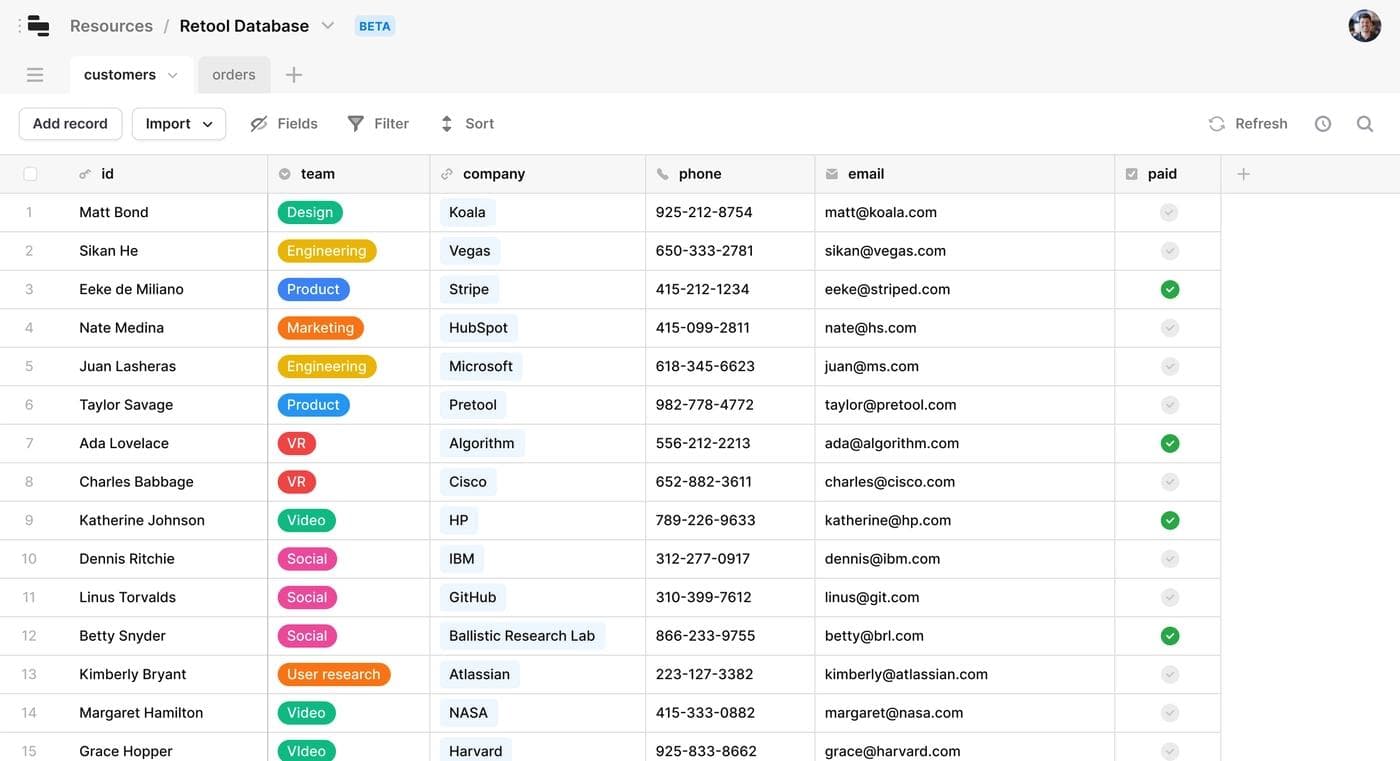 The Retool Database editor interface is as easy to use as a spreadsheet