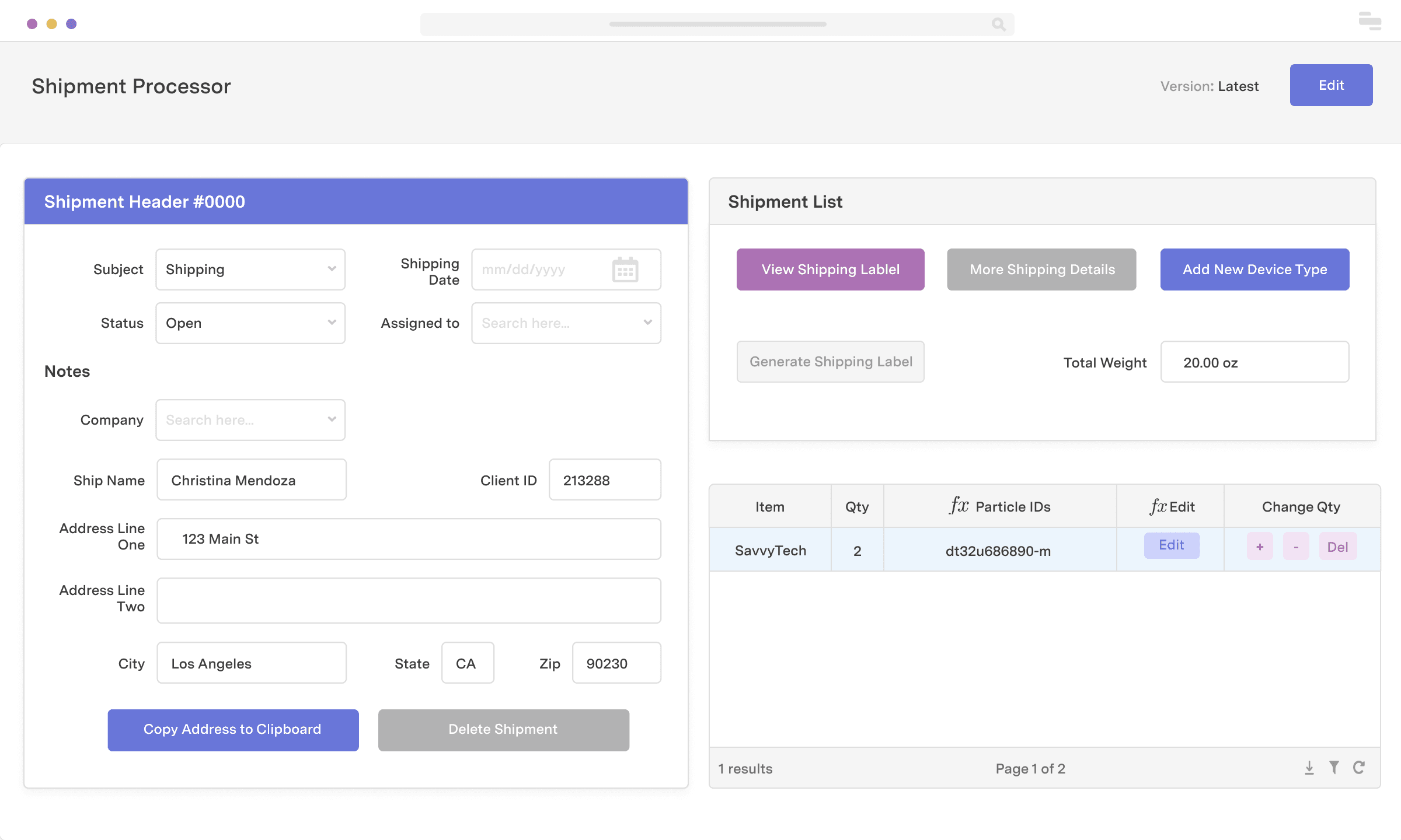 Shipment processing dashboard