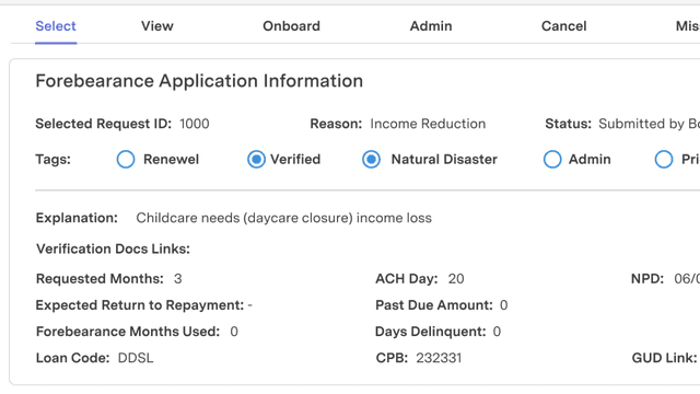 feature for Forbearance application processor
